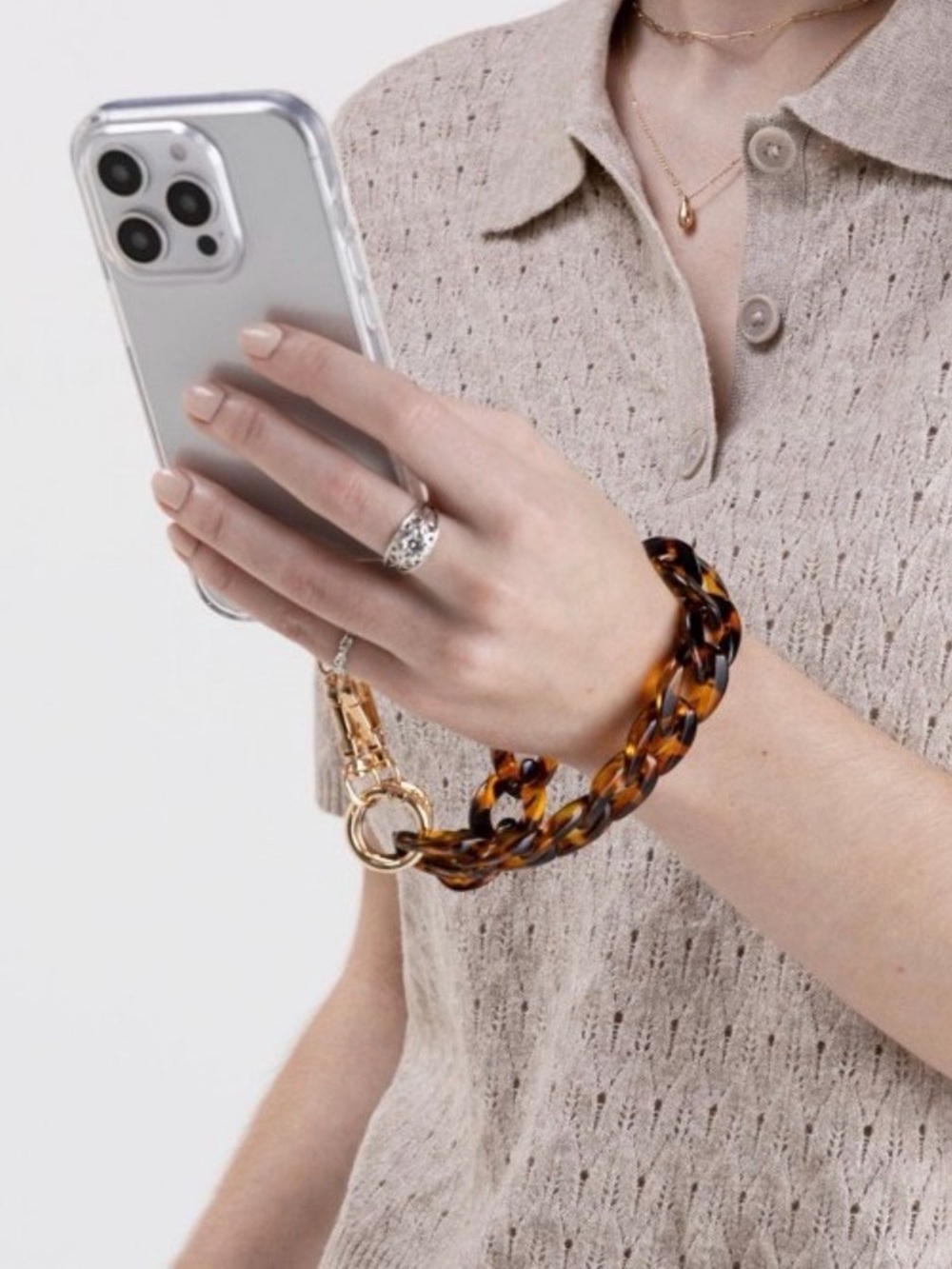 Tortoiseshell Phone Chain Strap with Gold Hardware - Picture 4 of 4